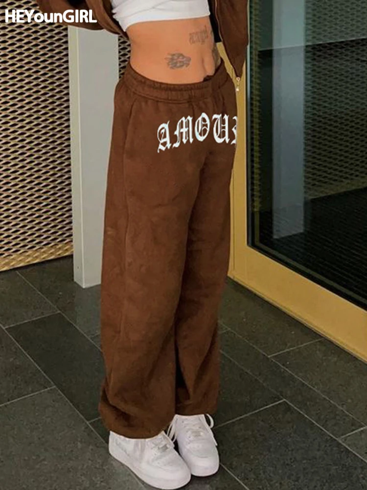 

Женские повседневные спортивные брюки HEYounGIRL с высокой талией, модные коричневые брюки с буквенным принтом, уличная одежда, брюки в стиле Ха...