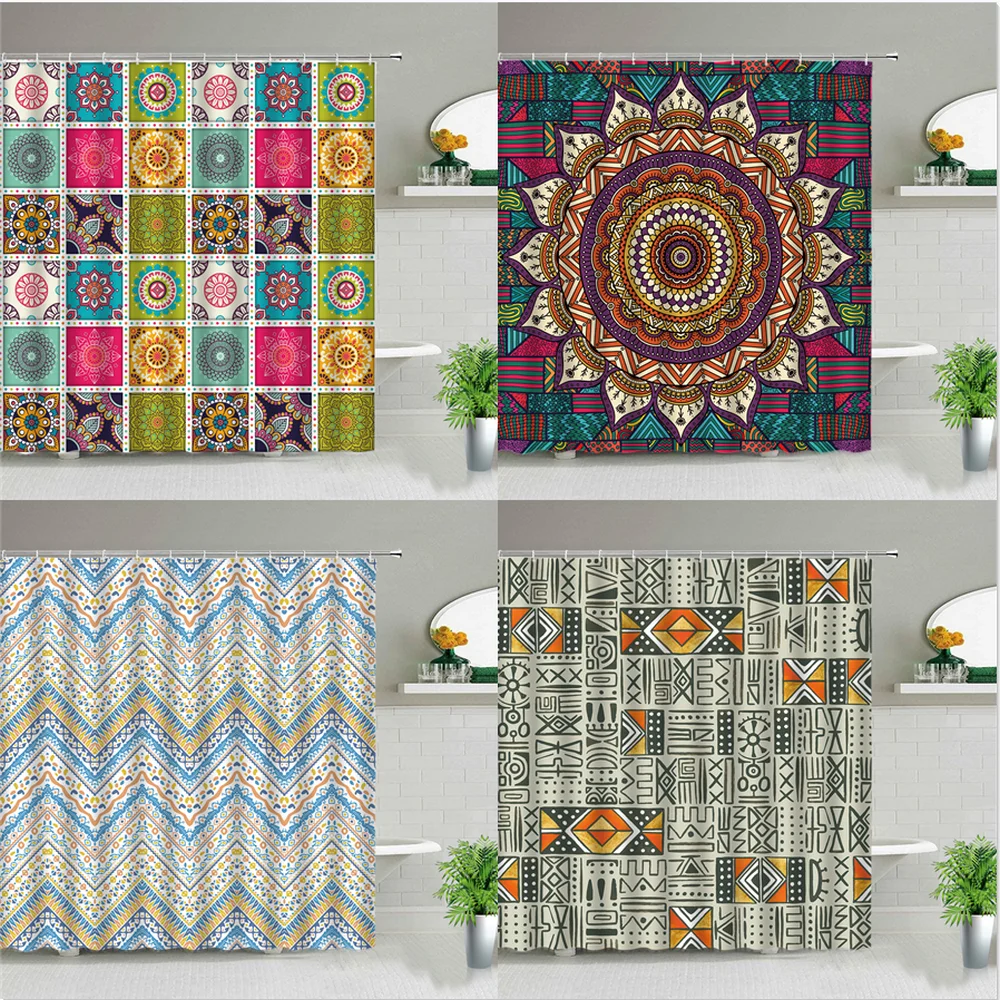 

Водонепроницаемая занавеска для душа с изображением индийского цветка мандалы, занавеска для ванной с геометрическим рисунком в богемном ...