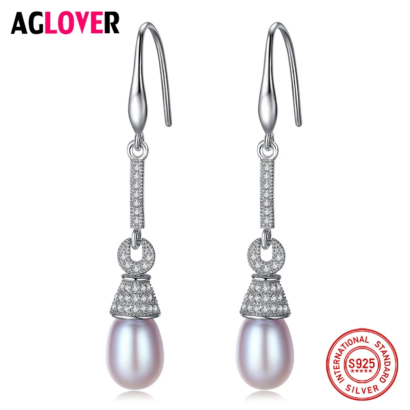 

AGLOVER NEW Drop Earrings Long Natural Freshwater Pearl 925 Sterling Silver Pearl Earrings For Women Jewelry Wedding/Party Gift