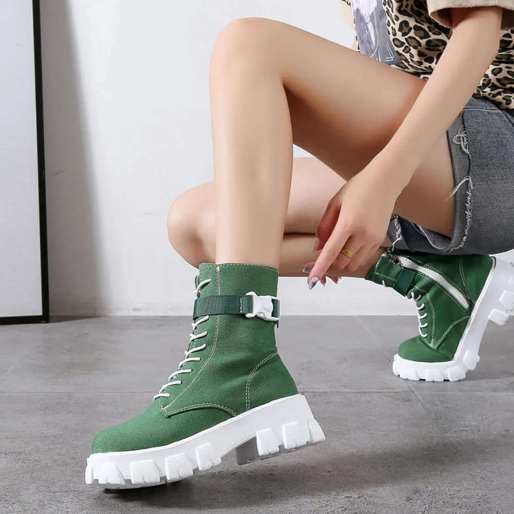 gigifox brand new ins hot black green fashion casual street gothic chunky heels canvas ankle boots shoes for women free global shipping