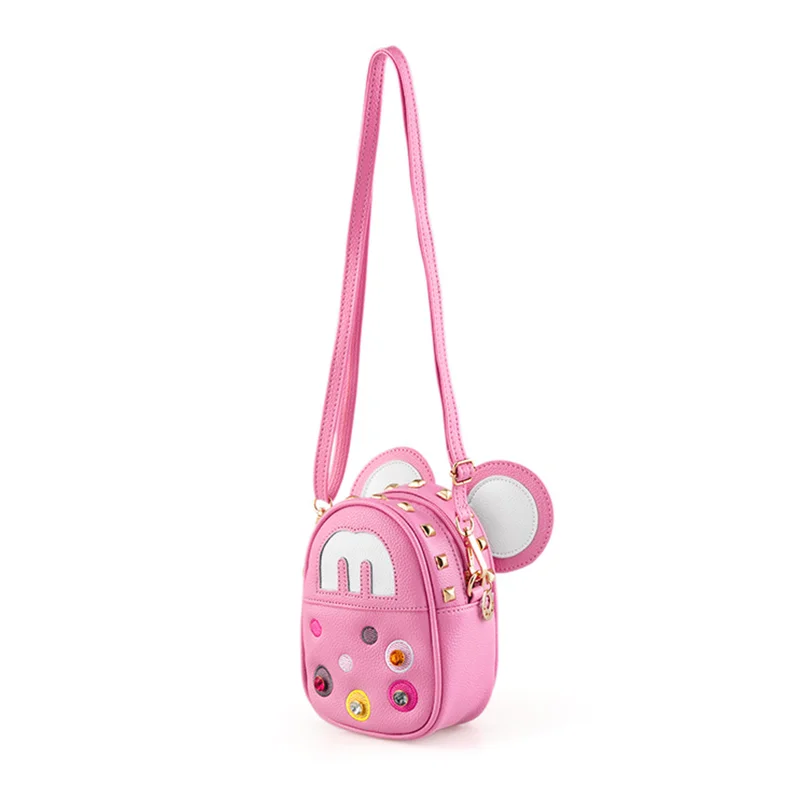 Pink PU Leather MouseChildren's Backpack Grils Messenger Bag Kindergarten School Bag Cartoon Backpack Dual-use Bag For Kids