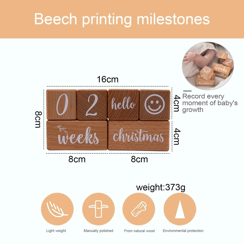 6pcs/1Set Baby Month Milestone Card Beech Block Square Engraved Newborn Birth Month Birthday Milestones Block Photography Props