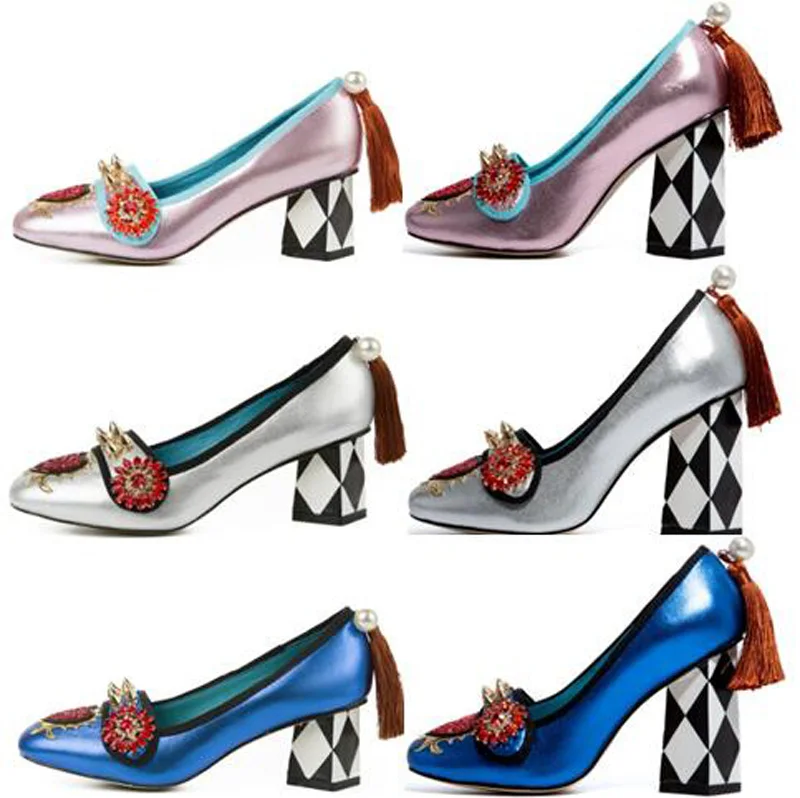 

Prowow Luxury Pearl Tassel Grid Chunky Heels Pumps Glitter Crystal Flower Rivets Studs Ladies Real Leather Square Toe High Heels