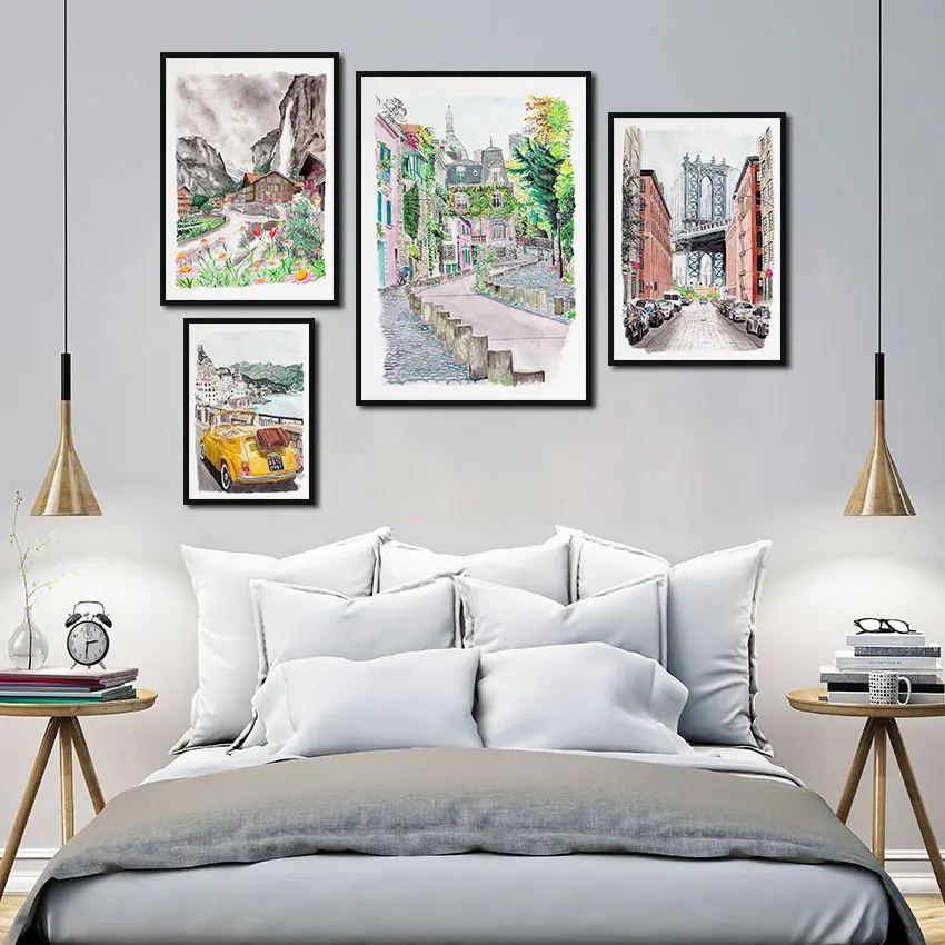 

Watercolor Painting On Canvas Wildflowers Wooden House Mountain Landscape Poster City Architecture Scenery Wall Art Home Decor