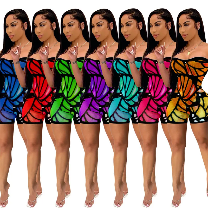 

Женский Повседневный комбинезон без бретелек с принтом бабочек, летний модный пикантный комбинезон без рукавов с шортами, повседневный ком...