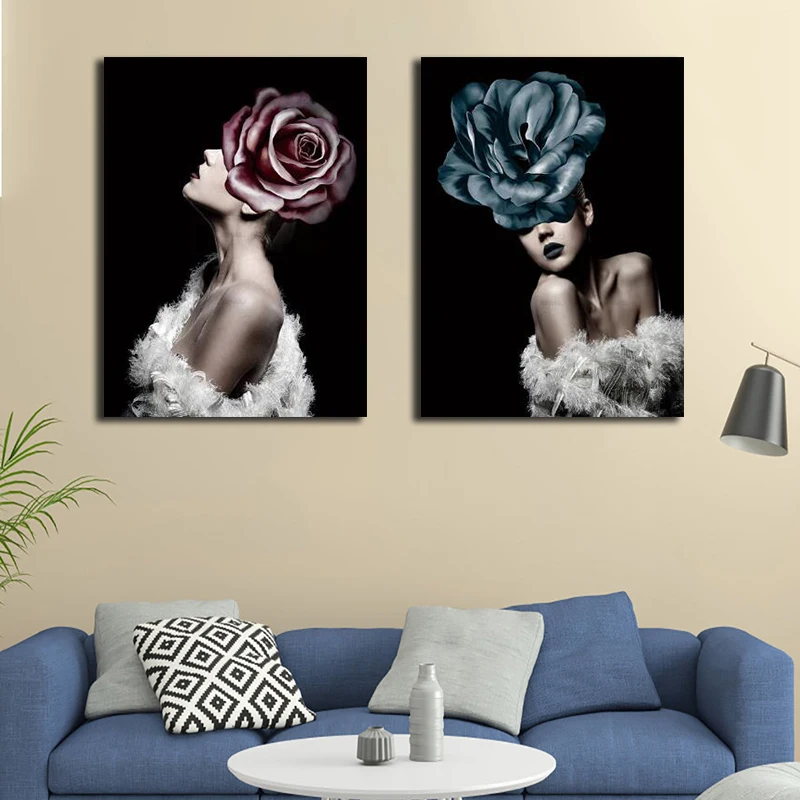 Абстрактный портрет девушки с цветами холст постер картина картины Настенная