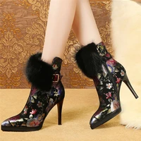 embroider flowers shoes women cow leather high heel wedding party platform pumps pointed toe rabbit fur snow boots casual shoes