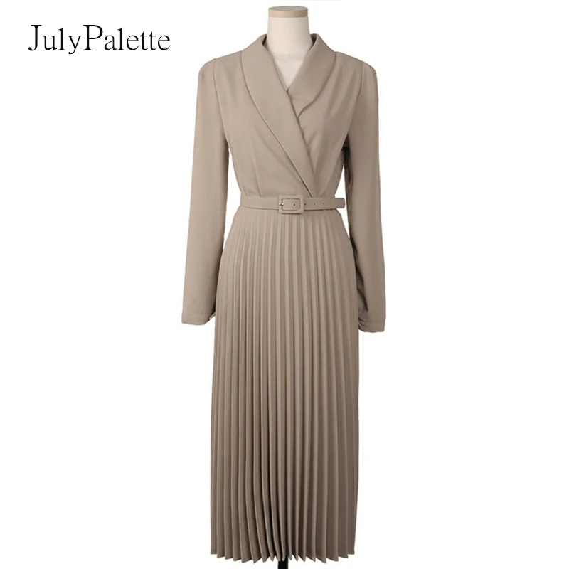Элегантное платье-блейзер для офисных леди с поясом в складку и длинной юбкой, полные рукава, женское, на вечеринку весной-осенью 2021 года.