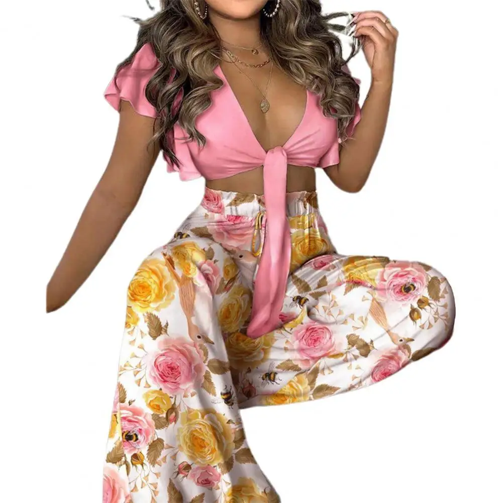 

Костюм женский летний с коротким рукавом и широкими штанами, с оборками