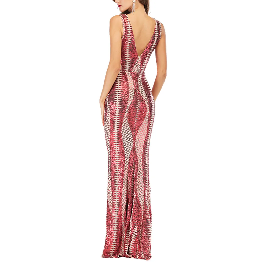 

Sexy Women's Dresses Sexy Deep V-Neck Sleeveless Backless Female's Dress Sparkly Sequin Long Dress Party Club Dress vestidos