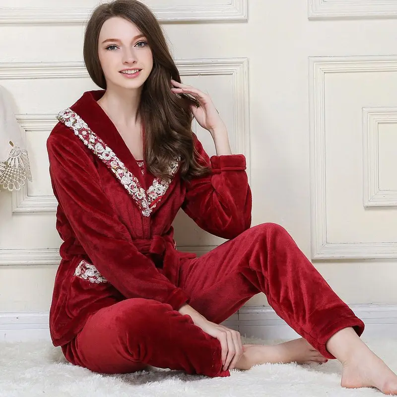 

Pajamas for women winter Long sleeve sleep Flannel thickening Pajama set/3Pieces