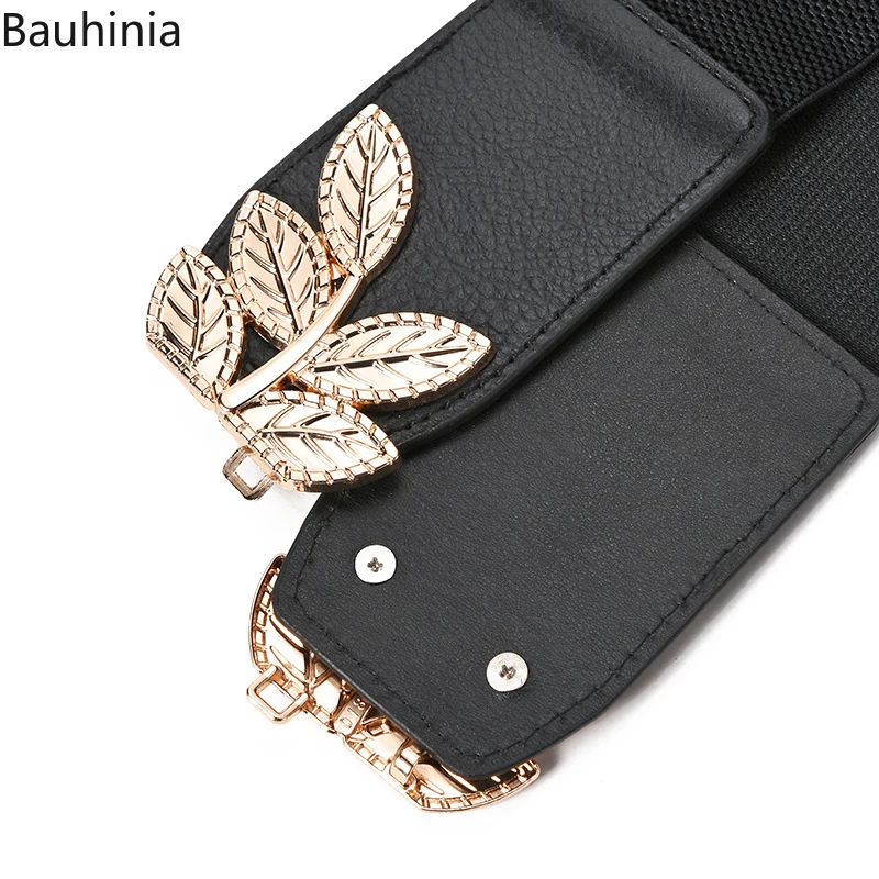

High quality Women Double Leaf Buckle Elastic Wide Belt Designer Brand Lady Dress Coat Sweater Decoration Waistband