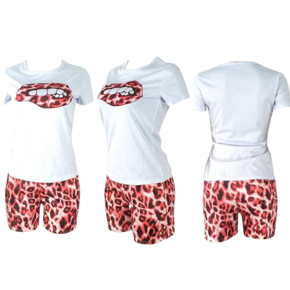 

ZOOEFFBB Plus Size Two Piece Set for Women Tracksuit Lips Short Sleeve Top Leopard Shorts Sweat Suit 2 Pcs Outfits Matching Sets