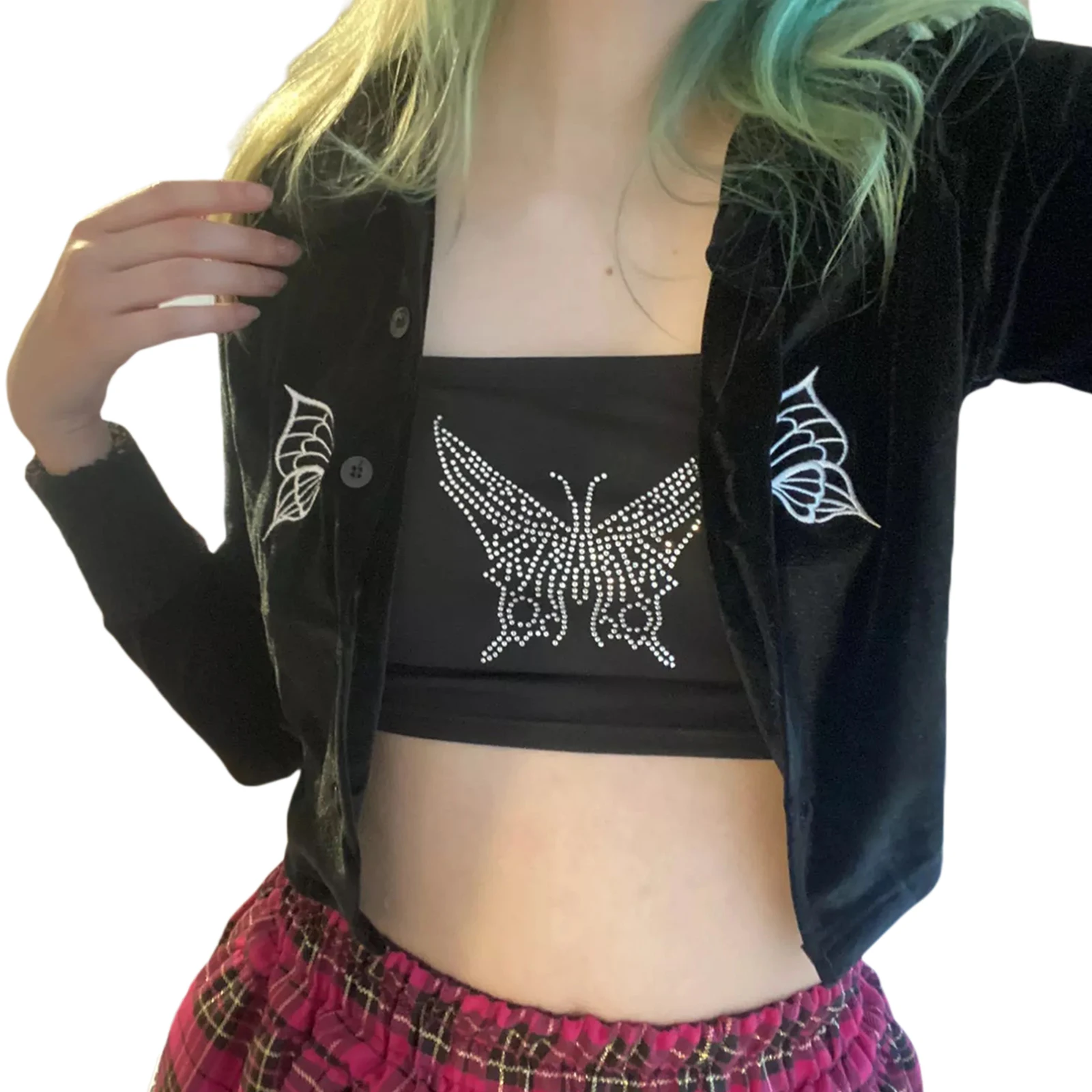 

Y2K 2021 Women\u2019s Casual Long Sleeve Cardigan Fashion Butterfly Embroidery Exposed Navel T-shirt