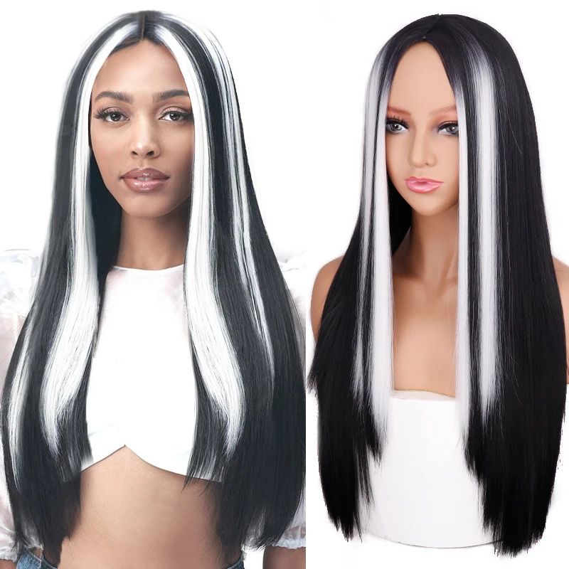 Фото LINGHANG черно-белый длинный прямой парик синтетические парики для женщин косплей