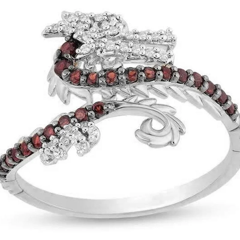 

Trendy Unisex Silver Color 3D Realistic Dragon Shaped Ring Micro Paved Red Rhinestone Crystal for Women Men Party Jewelry