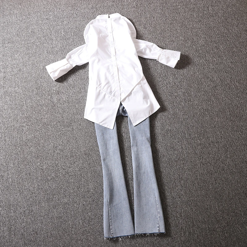 2020 summer new office lady sets two piece irregular white shirts and solid flare jeans female pants suits top quality