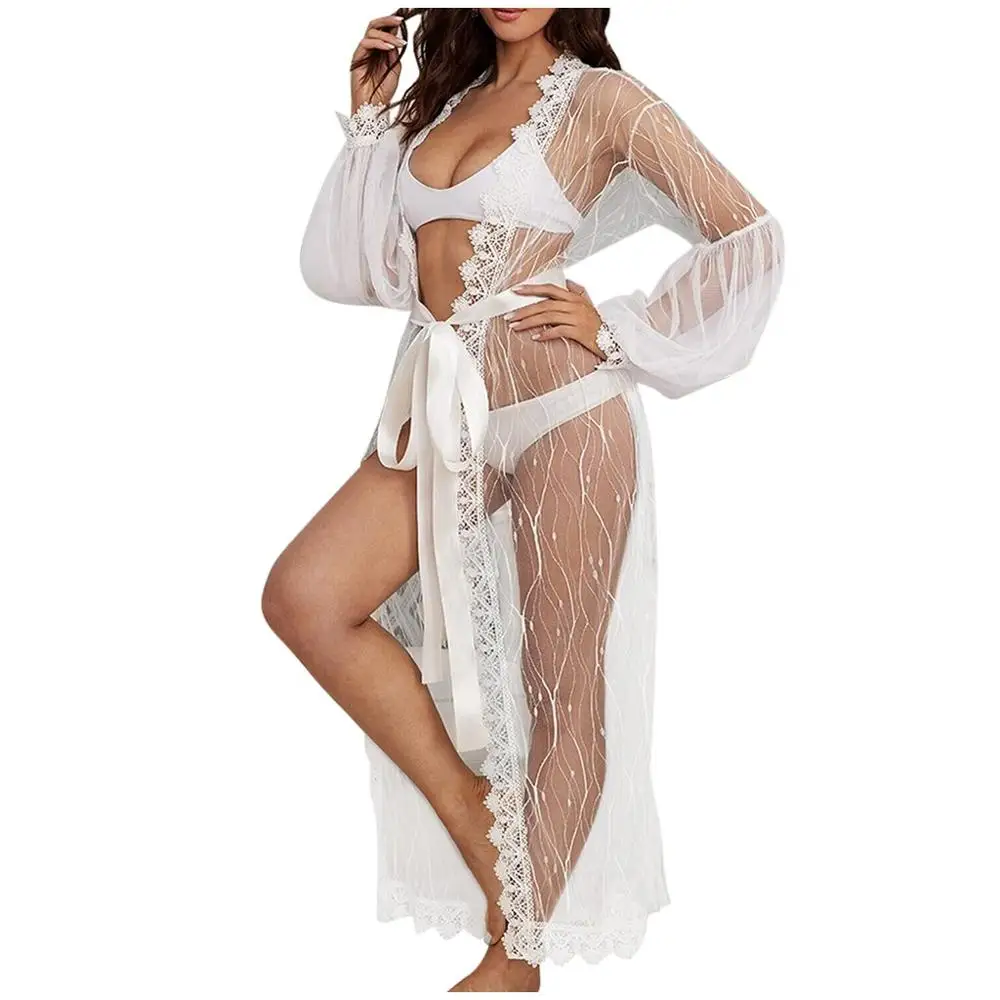 

Women Contrast Lace line Mesh Belt Robe Lantern Sleeve Bikini Blouse Beach Gown Lingerie Sexy Hot Erotic Porno Costumi #4M19