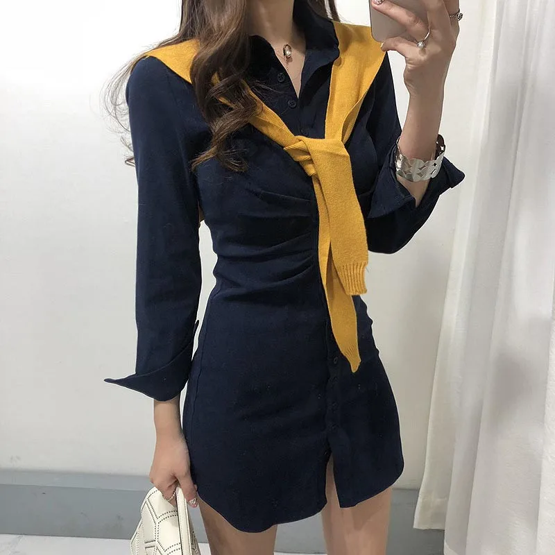 

One-Piece Korean 2020 Spring Autumn Vintage Lapel Elegant Sweet Dress Waist Female Hip Dress Short Dress Mini Temperament Dress