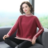 autumn winter women chic wool sweater red camel gray cable knit pull top mock neck raglan sleeve patchwork soft cozy knitwear