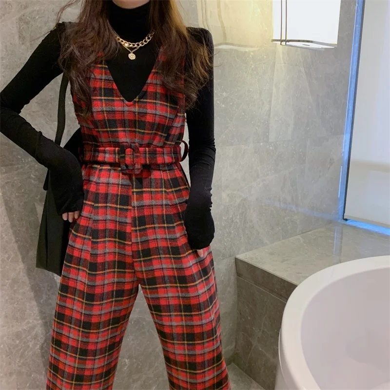 

Jumpsuit women autumn and winter Korean version plaid casual loose 2021 new strap jumpsuit rompers overalls
