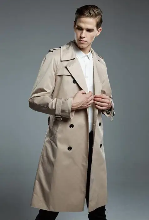 Мужской двубортный тренчкот Спайк! длинная модная одежда цвета хаки черного