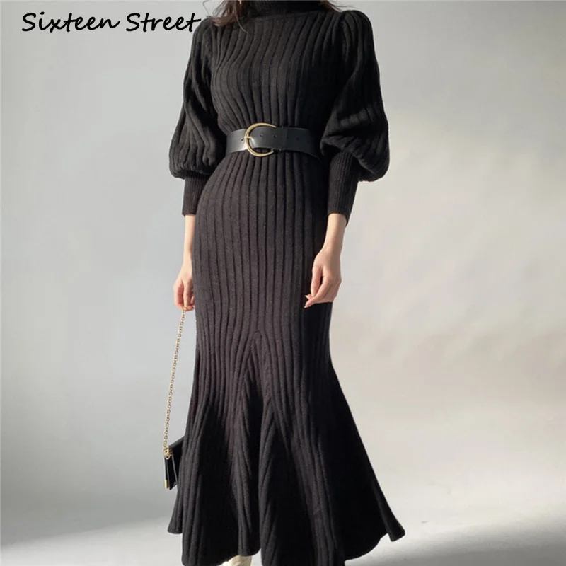 Женское трикотажное платье-свитер элегантное винтажное шерстяное платье макси с