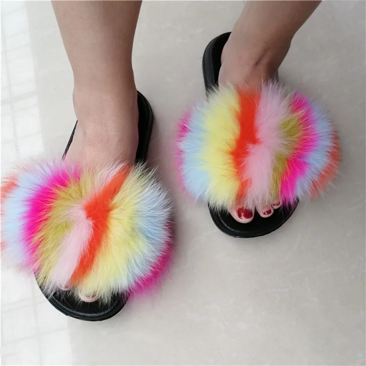 Women Fox Fur Slippers Real Fox Fur Slides Lovely Plush Slippers Woman Summer Home Sandals Women Fur Slides Furry Flip Flops Hot