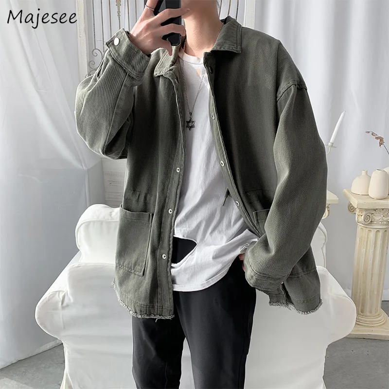 

Men Cargo Jackets Single Breasted Fashion Harajuku Students Streetwear Casual Loose Korean Retro Male Pockets Ulzzang Solid Chic