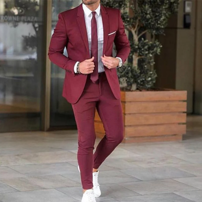 

ANNIEBRITNEY Burgundy Slim Fit Groom Wedding Suits For Men 2 Piece Custom Skinny Smart Casual Suit With Pants Men Prom Tuxedo