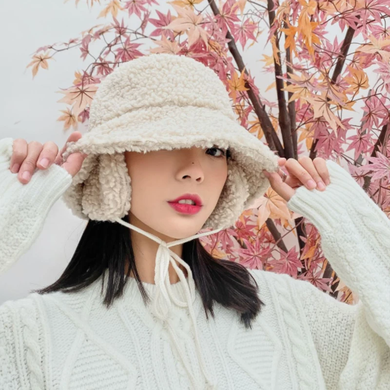 Korean Fashion Hats Women Autumn Winter Bucket Hats Warm Lamb Plush Soft Fisherman Hat Harajuku Casual Caps Female Lady Flat