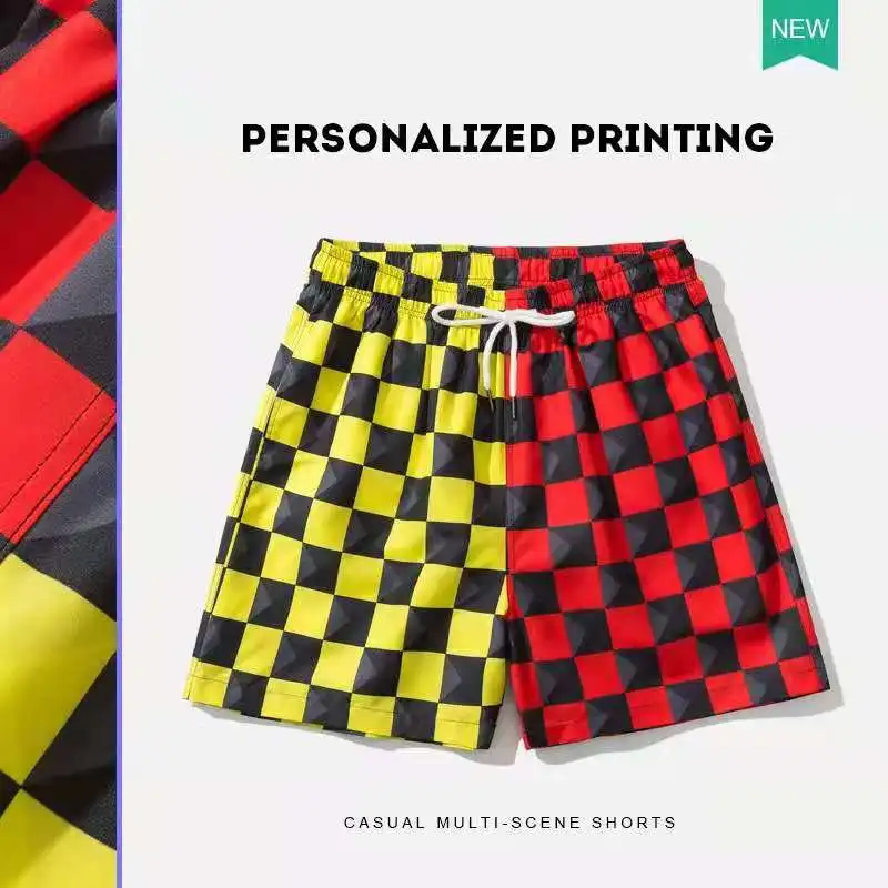 

A summer trend of 2021 men's and women's checkered print swimsuit shorts with loose double-line beach pants