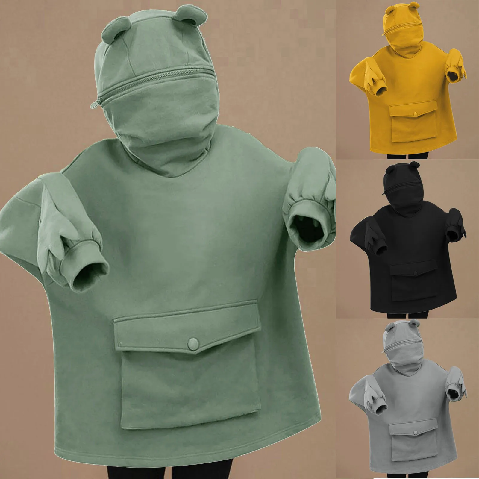 

Plus Velvet Sweatshirt Women Hoodies Sweet Japan Top Creative Stitching Three-dimensional Cute Frogs Pullover Pocket Hoodies #Q