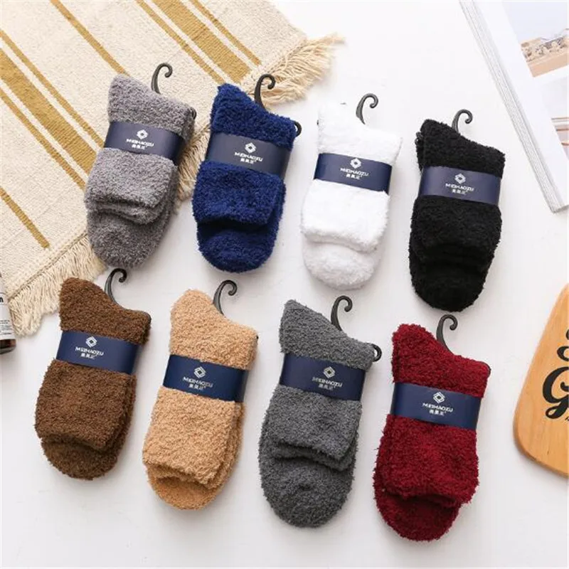 

Men Women Thick Warm Coral Fleece Cozy Socks Unisex Cotton Winter Soft Sleep Bed Floor Home Fluffy Pure Color Funny Socks 2020