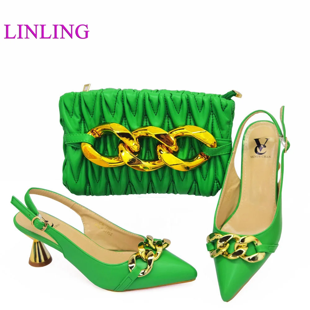 

Latest Italian Women Shoes and Bag Set in Green Color Slingbacks Sandals with Shinning Crystal for Wedding Party