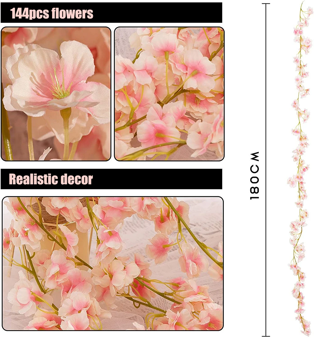

1.8m Artificial Cherry Garland Pink Silk Floral Vine Faux Flower String Fake Flowers Hanging Garland for Wedding Decoration