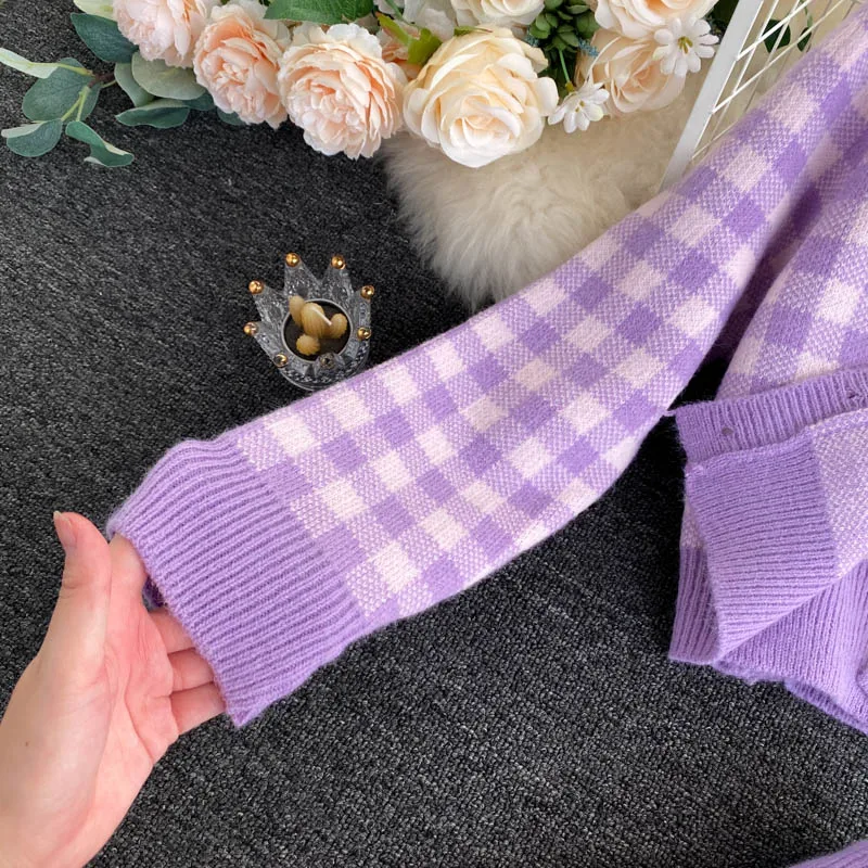 

Korean Sweet Knit Plaid Cardigans + Camisole + Skirts 3pcs Sets Girls Short Sweater Coat + Vest + Mini Skirt Suits Women Outfits