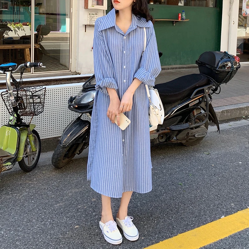 

Stripe Shirt Dress Women Streetwear Korean Streetwear Loose Long Dress With Belt Classic dress vestidos