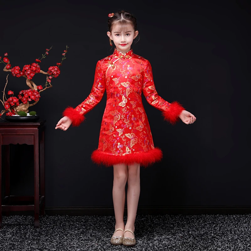 Красное шелковое атласное платье Чонсам для девочек принцессы свадебвечерние