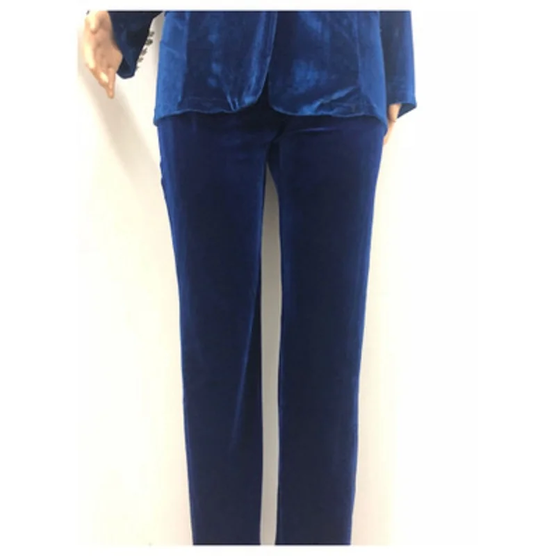 

Autumn Sets for Women 2019 Navy Blue V Neck Long Sleeve Sexy Velvet Crystal Buckle Outfits High Quality Two Piece Blazer Suit