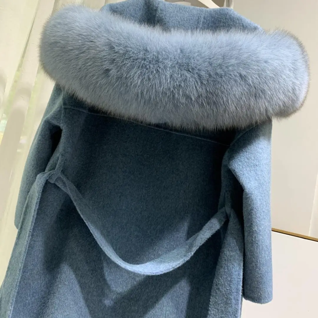 Корейское длинное кашемировое пальто с настоящим бренд Fox Fur Trim Hoodie теплое плотное пальто с большими карманами женская верхняя одежда зимнее пальто
