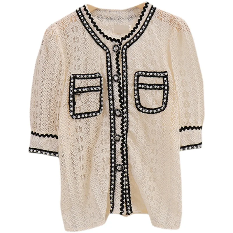 

Summer New Beaded Single-Brewed All-Matching Shirt Hollow Lace Shirt Women Shirts Korean Fashion Lace Shirt Tops