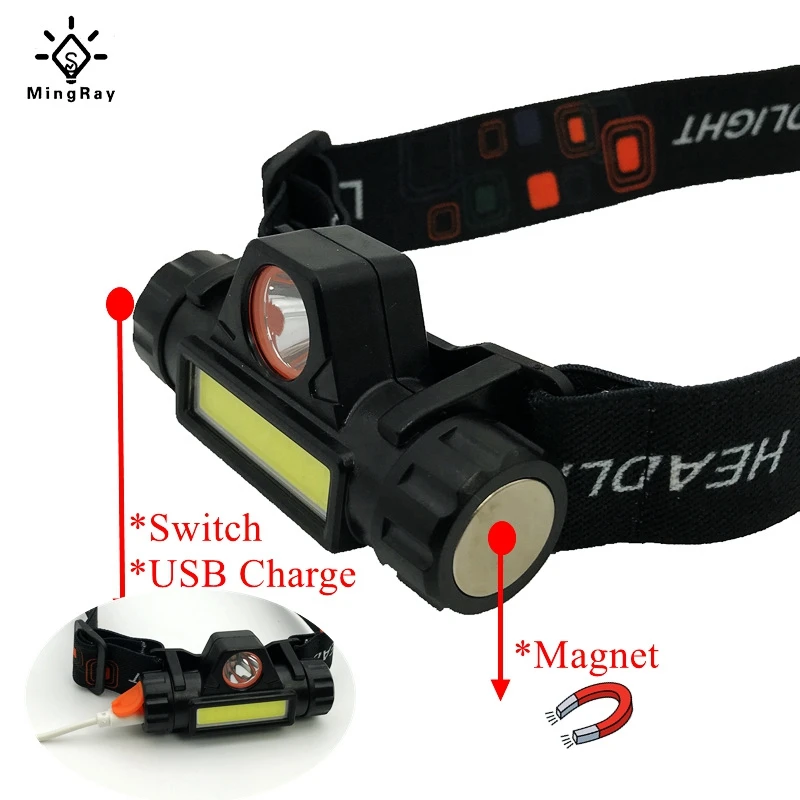 

MingRay 2019 new USB rechargeable LED headlamp 3 W COB high lumen lithium battery waterproof 2 beams headlight head lamp light