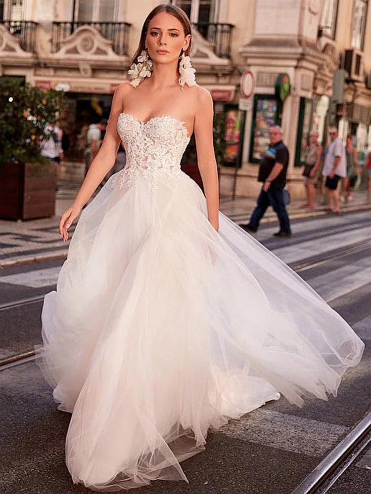 

BAZIIINGAAA Simple Wedding Dress Lace Little Beading Strapless Dress Luxury Wedding Gowns Bridal Can Be Washed Bride Dresses
