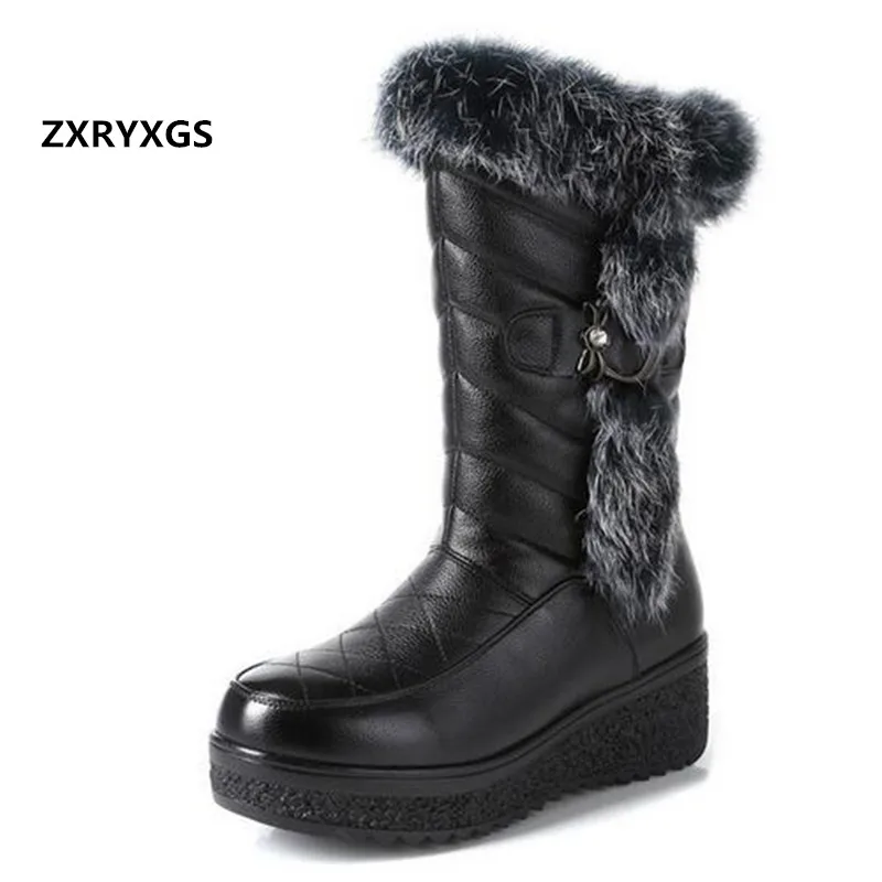 

2022 г., высококачественные декоративные сапоги из натуральной кожи на кроличьем меху, высокие сапоги на толстой подошве, сапоги средней длины на танкетке, женские сапоги