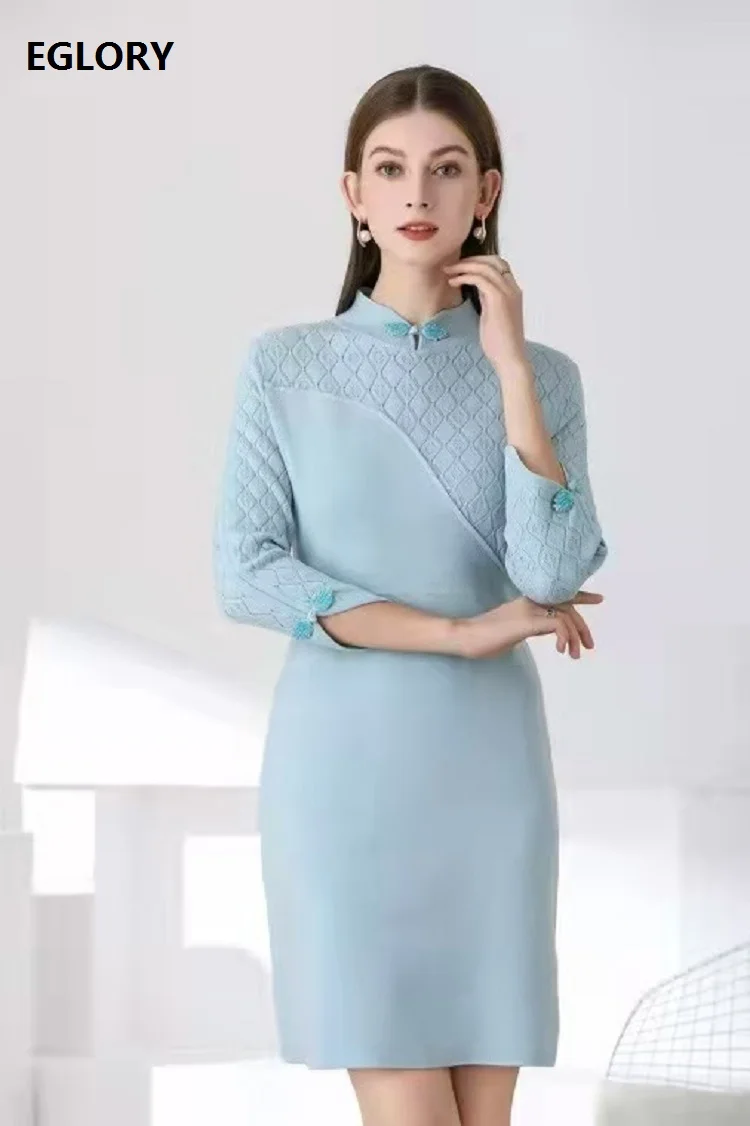 

Knitted Dress 2021 Spring Autumn Knitwear Women Geometric Patterns Knitting 3/4 Sleeve Slim Fitted Blue Red Sweater Dress Casual