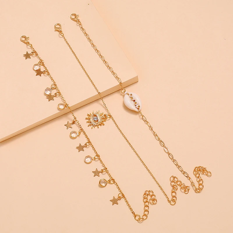 3 Pcs/Set Retro Women Anklets Eyes Sun Flower Shell Beads Stars Crystal Tassel Pendant Gold Anklet Barefoot Beach Party Jewelry | Украшения