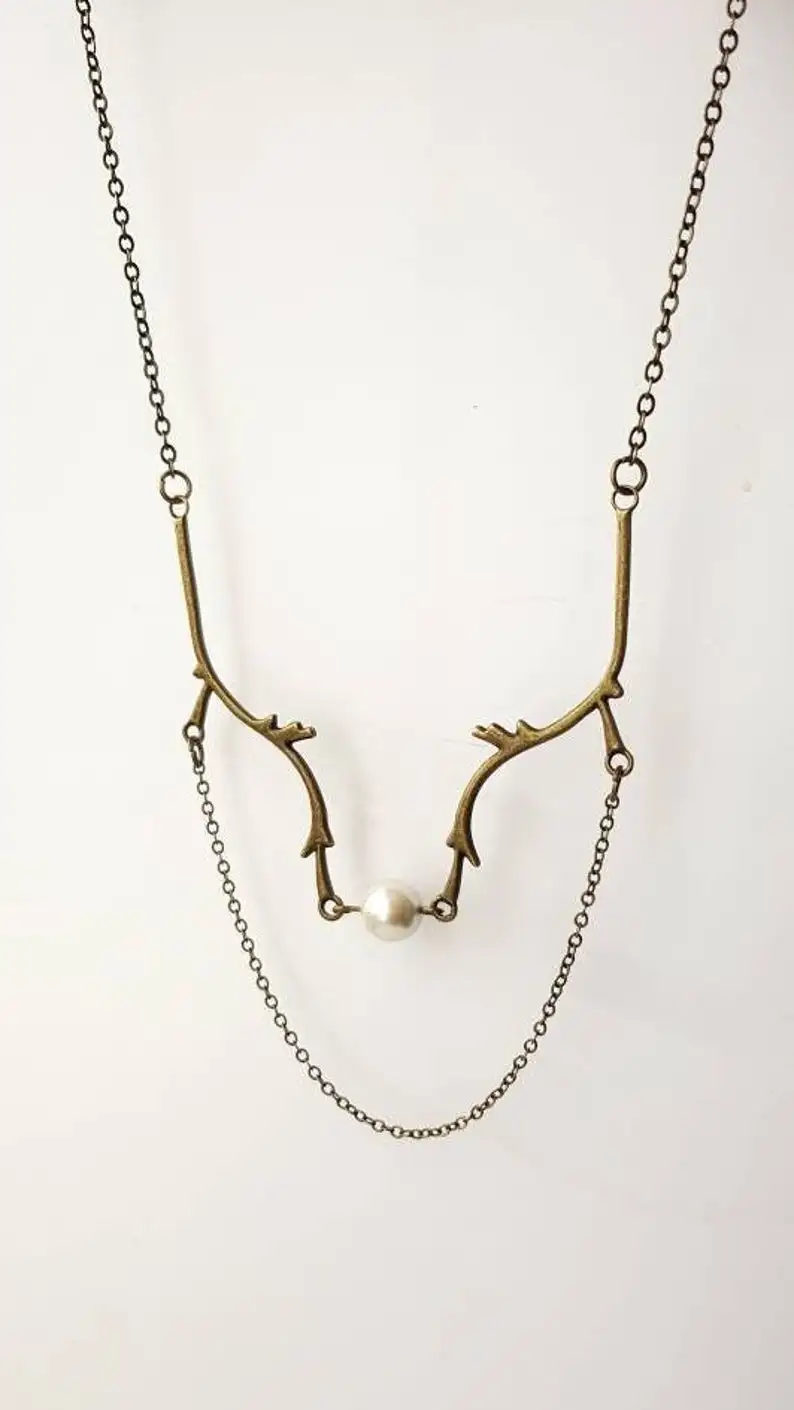 

Bronze Branch Necklace with Pearl, Thin Twig Bronze Necklace,Woodland Forest Accessory, Rustic Style Deer Antler Jewelry
