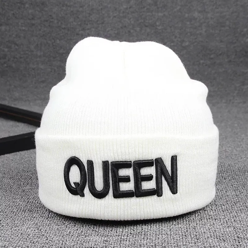 Женские зимние шапки King queen Beanies для женщин и мужчин, Осенние теплые вязаные шапки Skullies с вышитыми буквами, шапка в стиле хип-хоп, лыжная спортивная шапка