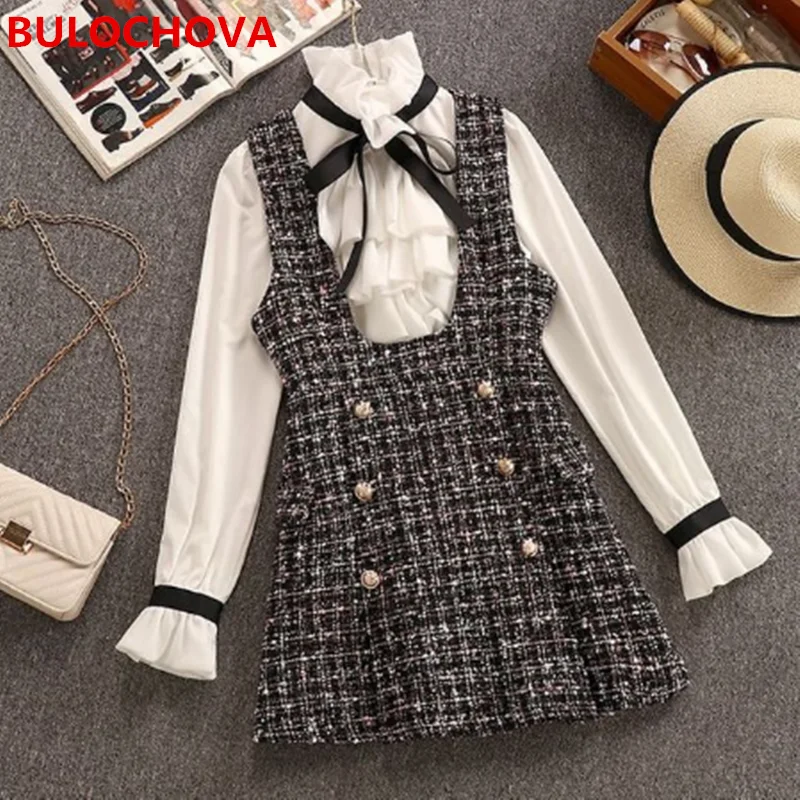 

S-2XL Fall Winter Overalls Dress Suits Women Bow Ruffles Chiffon Shirt Tops Double Breasted Plaid Tweed Vest Dress 2 Pieces Sets